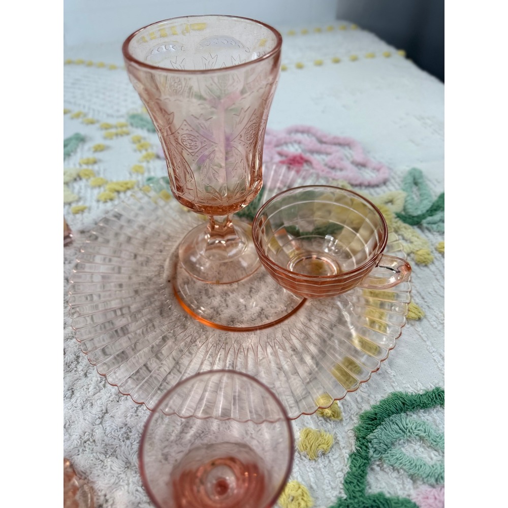 Vintage Pink Depression Glass Set Gilbert Clock Sunkist Juicer Candy Dish 13 pc - Picture 14 of 16